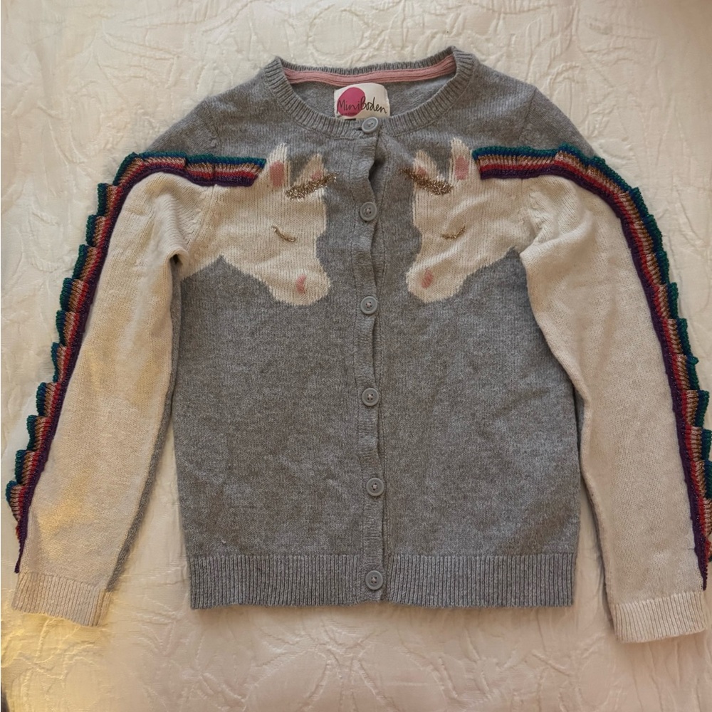 Mini Boden Girls Gray Unicorn Rainbow Cardigan Size 8-9